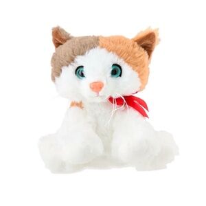 Calico Cat Plush Toy with Red Bow Blue Eyes; White, Gray & Tan